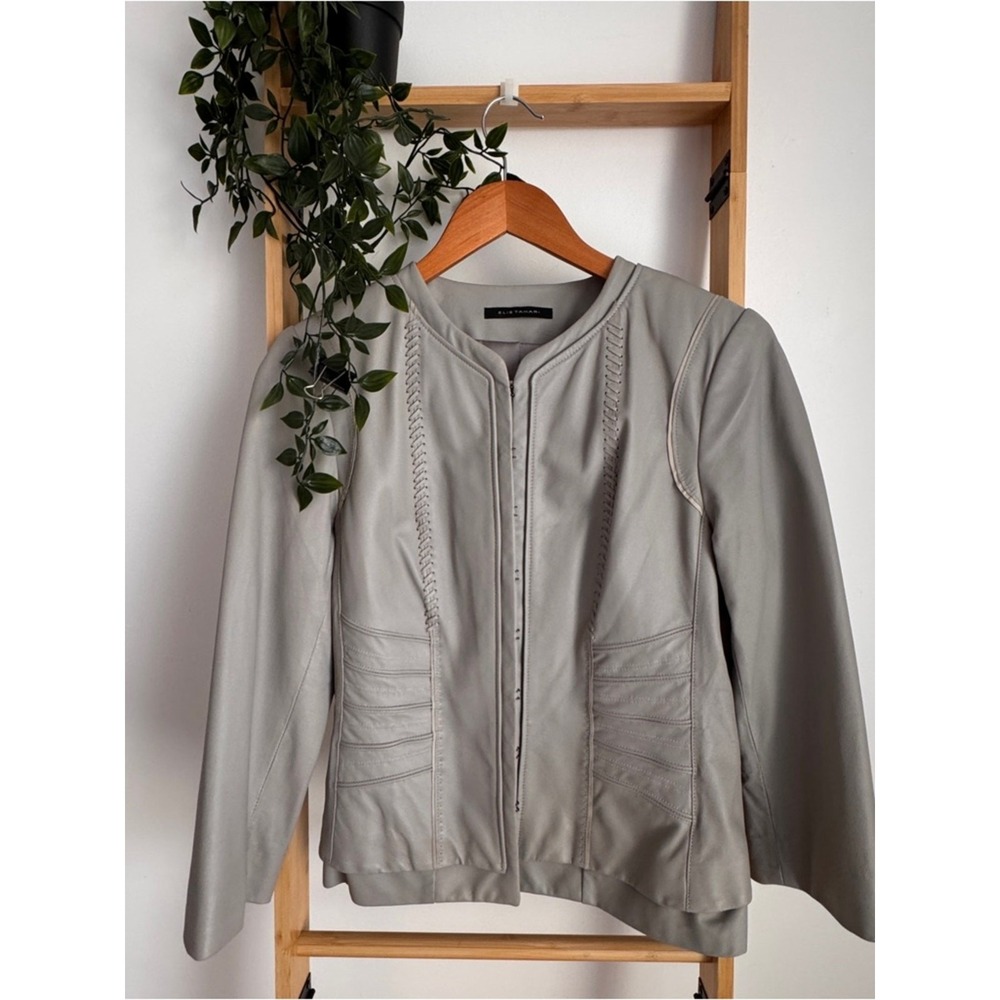 Elie Tahari 100% Lambskin Leather Snap Jacket Light Gray ( M)